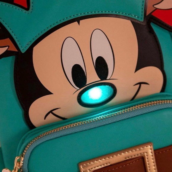 Disney Mickey Mouse Aqua and Brown Elf Backpack with Holiday Hat - Picture 2 of 9